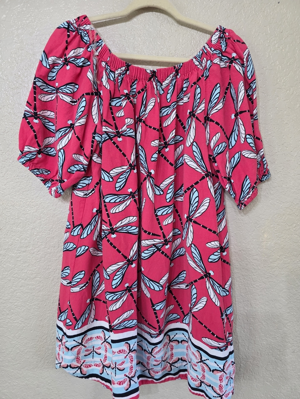 crown & ivy Linen Pink Off-Shoulder Puff Sleeve Linen Dragonfly Print Dress